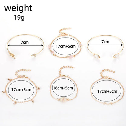 Set of six gold-colour zinc alloy bracelets with water drop, arrow, and V-shaped charms.