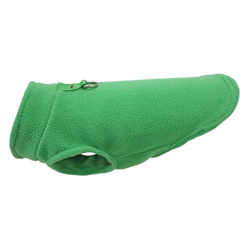 Polar fleece dog waistcoat in solid colour on small dog showing side-open design