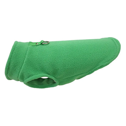 Polar fleece dog waistcoat in solid colour on small dog showing side-open design