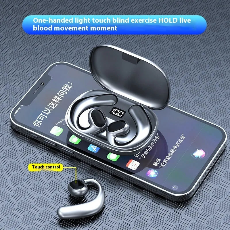 Black ear-mounted Bluetooth headset showing digital display screen and ear hook design