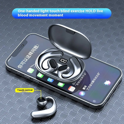Black ear-mounted Bluetooth headset showing digital display screen and ear hook design