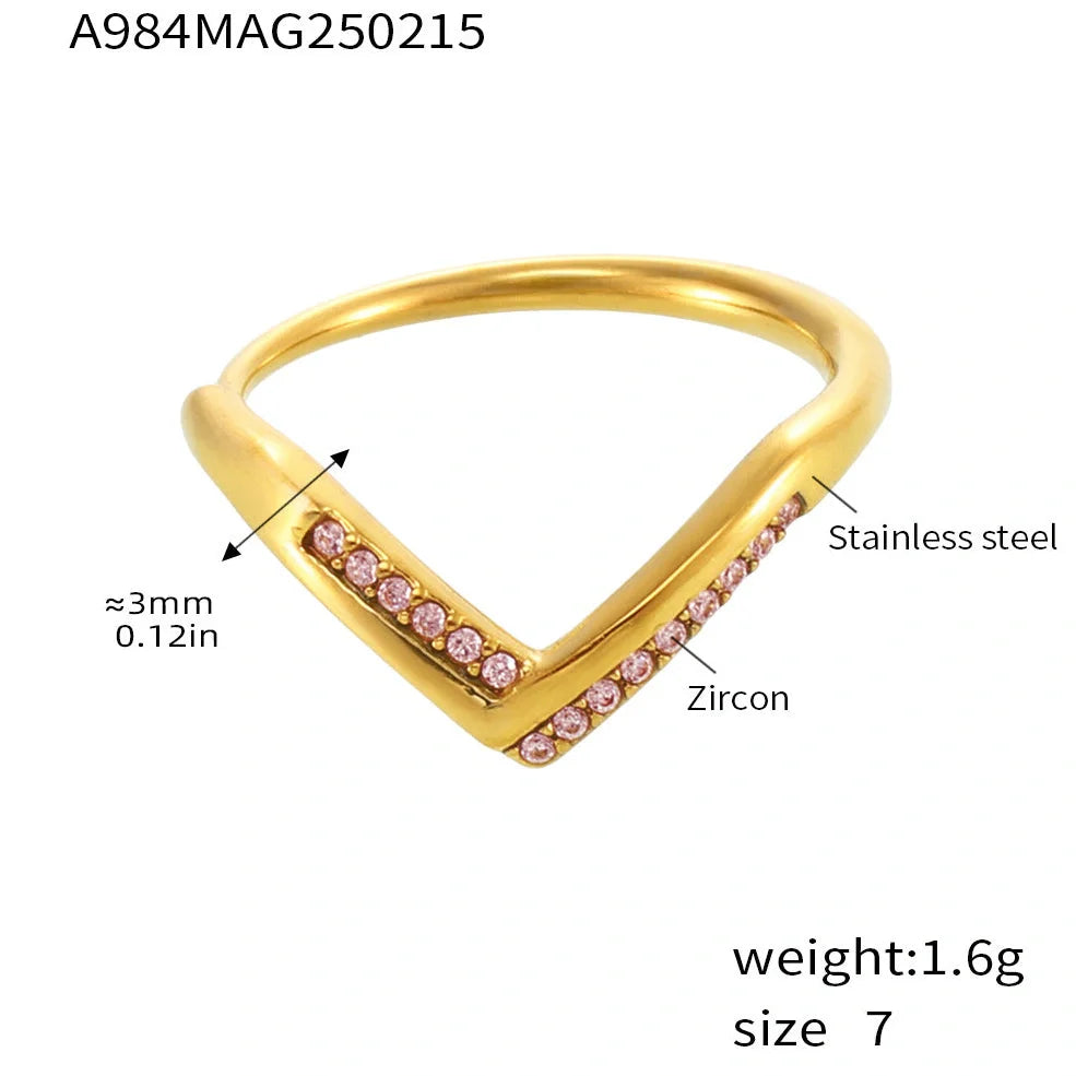 Adjustable stainless steel ring with geometric zircon stones in gold white, pink, or mixed colours