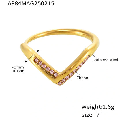 Adjustable stainless steel ring with geometric zircon stones in gold white, pink, or mixed colours