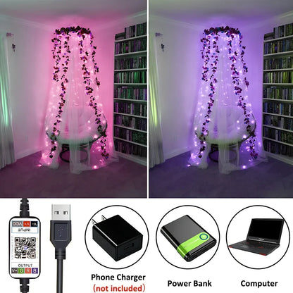 APP Bluetooth copper wire light string with 100 LED lights showing colour-changing pattern