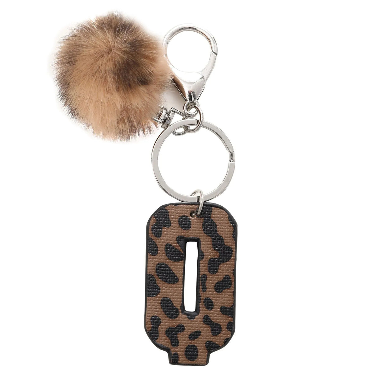 Leopard-print artificial leather keychain with oil-edged acrylic letter and included key ring, retro style
