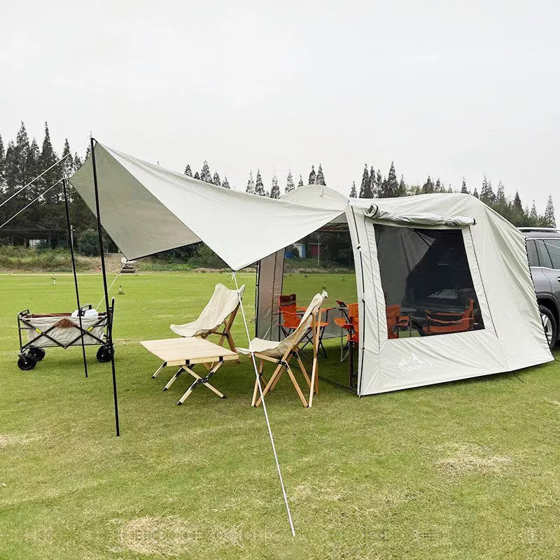 Outdoor car tail extension tent with rain-proof sunshade for camping and barbecues