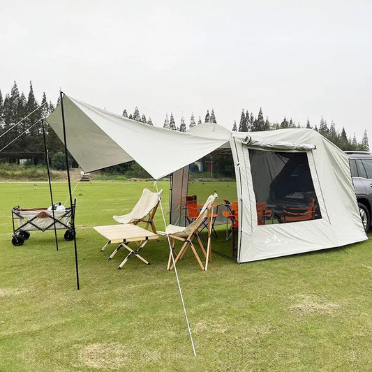 Outdoor car tail extension tent with rain-proof sunshade for camping and barbecues