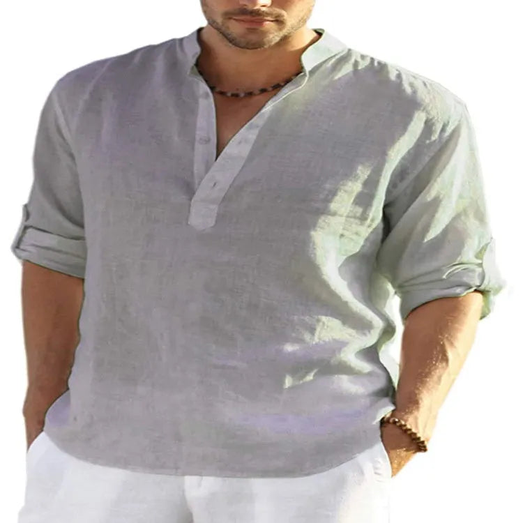 Men's light blue cotton linen long sleeve shirt with stand collar, button front, and rolled-up sleeves