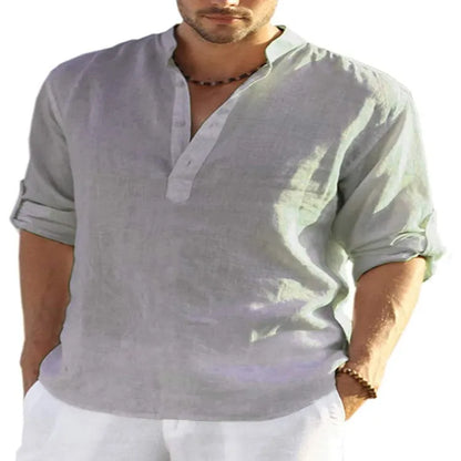 Men's light blue cotton linen long sleeve shirt with stand collar, button front, and rolled-up sleeves