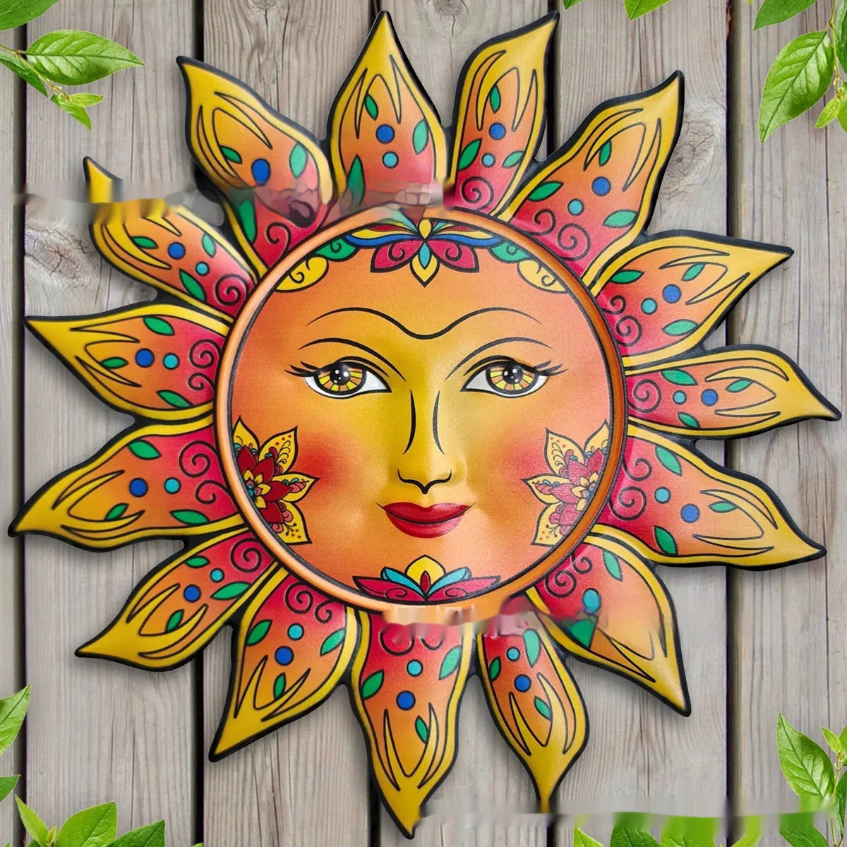 Iron sun face decorative wall hanging with circular design and raised pattern, approximately 30cm diameter