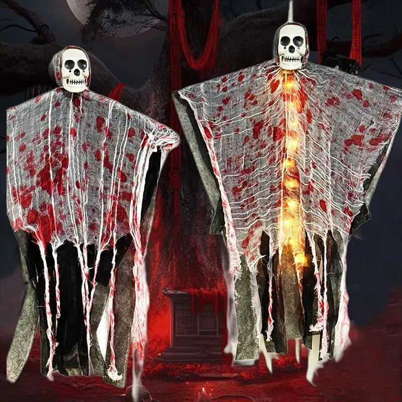 Blood-dyed luminous plastic skull hanging ghost Halloween ornament measuring 30cm with hanging loop