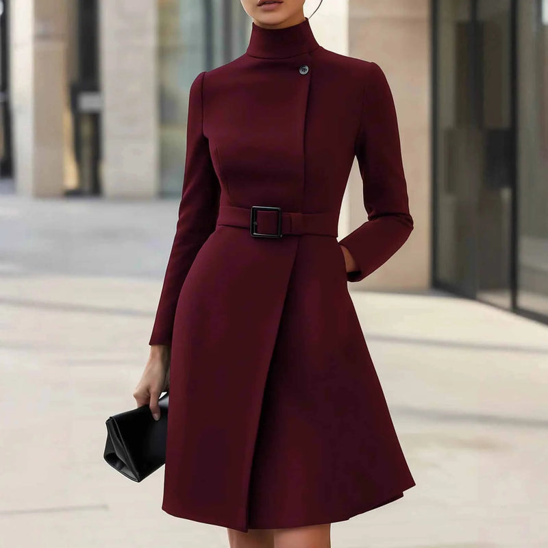 Women's Bohemian style long sleeve dress with high waist and stand collar fashion casual short skirt dress available in black or wine red sizes S to XXXL with side zipper closure