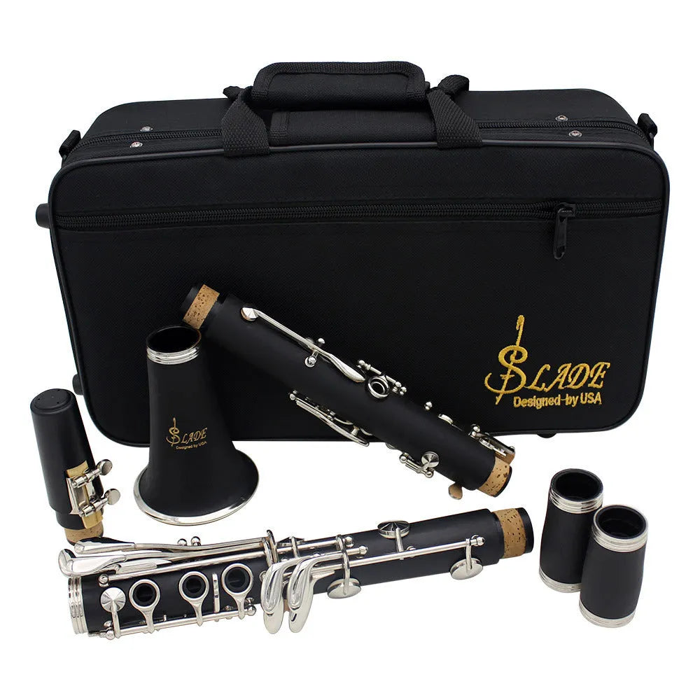 Black Bakelite clarinet with nickel-plated keys, 67cm long, shown with protective bag for beginner musicians