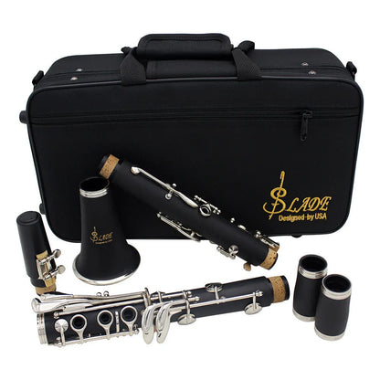 Black Bakelite clarinet with nickel-plated keys, 67cm long, shown with protective bag for beginner musicians