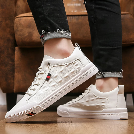 Men's white round-toe lace-up casual sneakers with a PU leather upper and rubber sole.