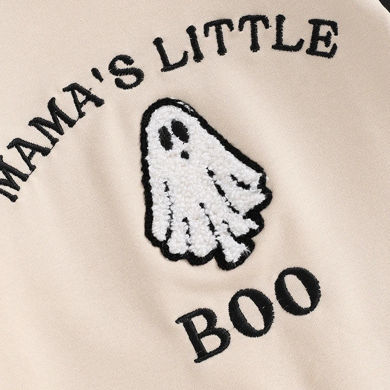 Apricot colour blocked baby jumpsuit with letter ghost embroidery, long sleeves, and pullover closure