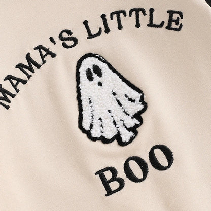 Apricot colour blocked baby jumpsuit with letter ghost embroidery, long sleeves, and pullover closure