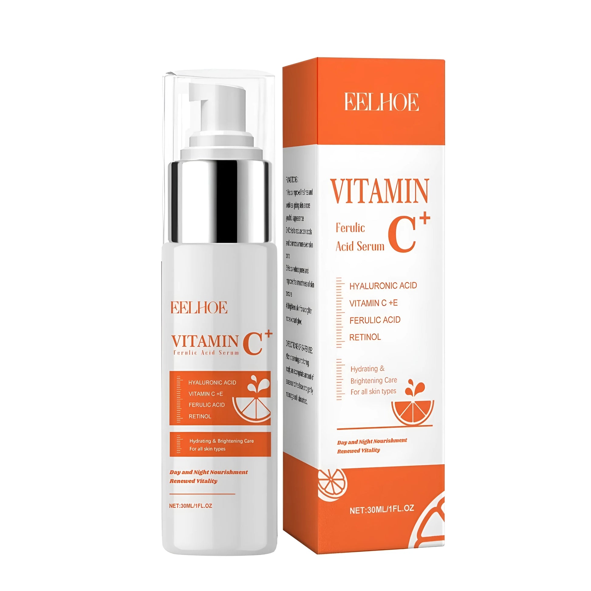 30ml Vitamin C Ferulic Acid Serum bottle with dropper, showcasing clear liquid formulation.