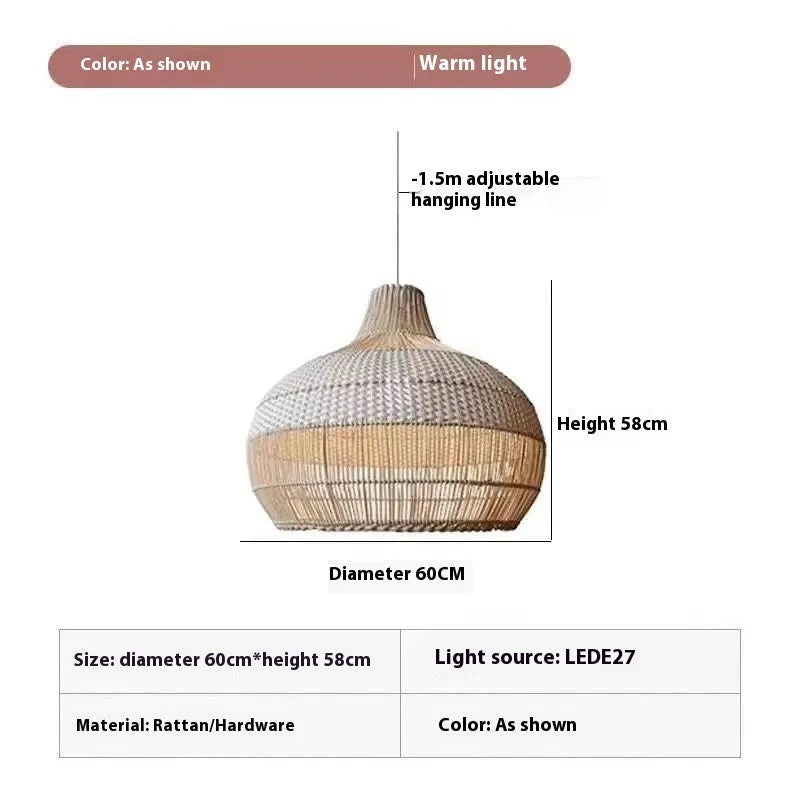 Rattan chandelier with 60cm diameter and woven design for living room lighting