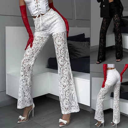 Women's high waist lace straight trousers in white and black