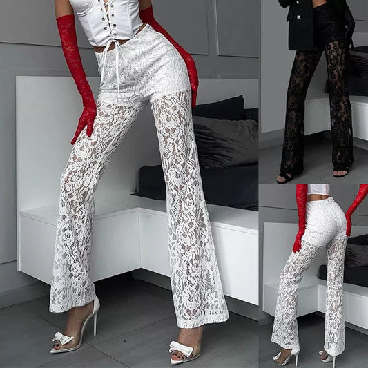 Women's high waist lace straight trousers in white and black