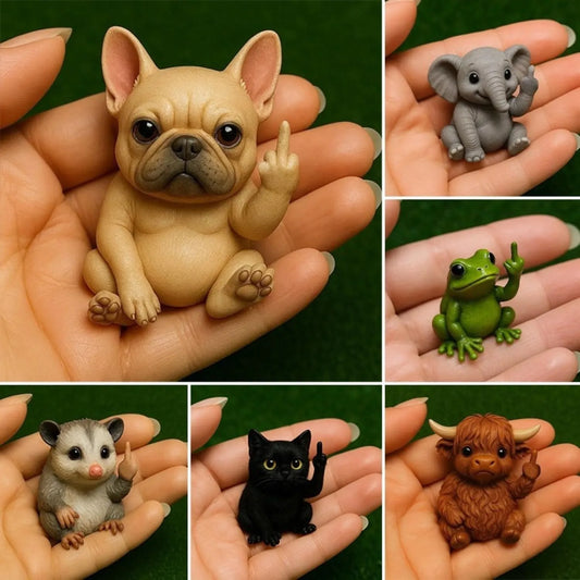Mini resin animal doll with middle finger gesture, 6-7cm tall, in cat, dog, elephant, frog, Highland cattle, mouse, or turtle design