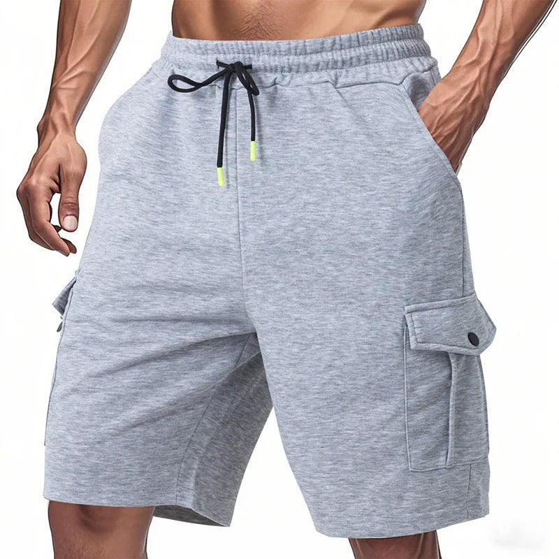 A pair of light grey heavy loose casual sports cargo shorts with multiple pockets on a mannequin.