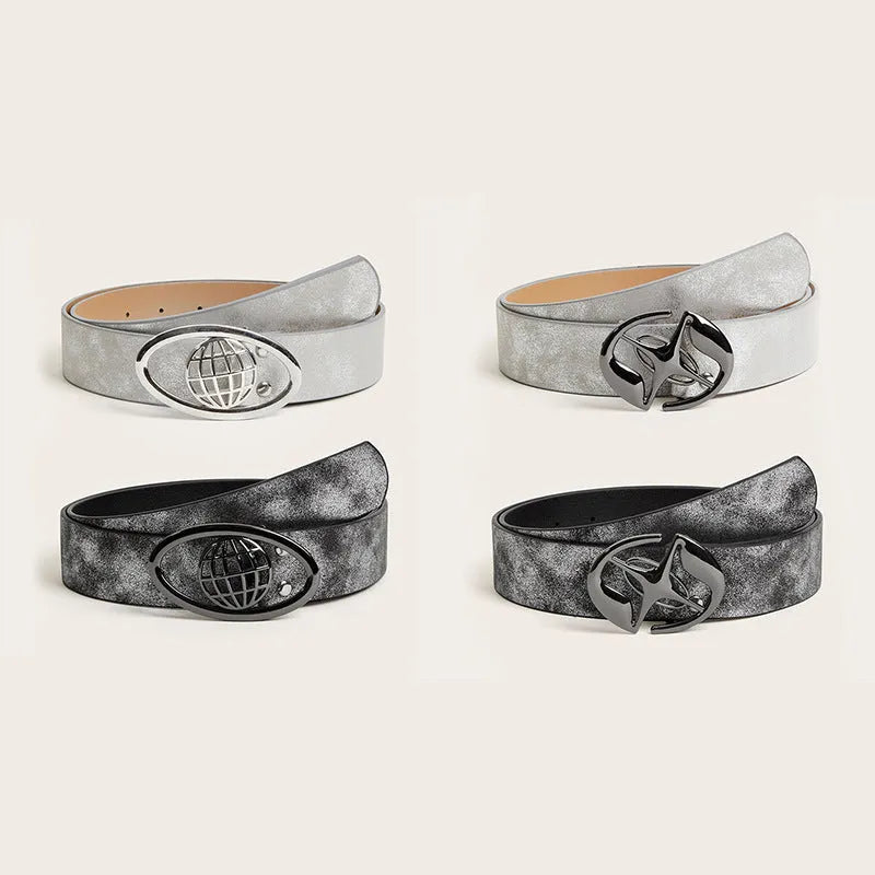 Women's retro PU leather belt with oval alloy buckle in thick over 4cm width, shown in grey white colour.