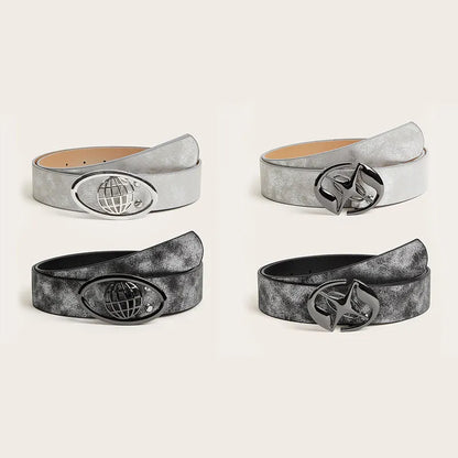 Women's retro PU leather belt with oval alloy buckle in thick over 4cm width, shown in grey white colour.