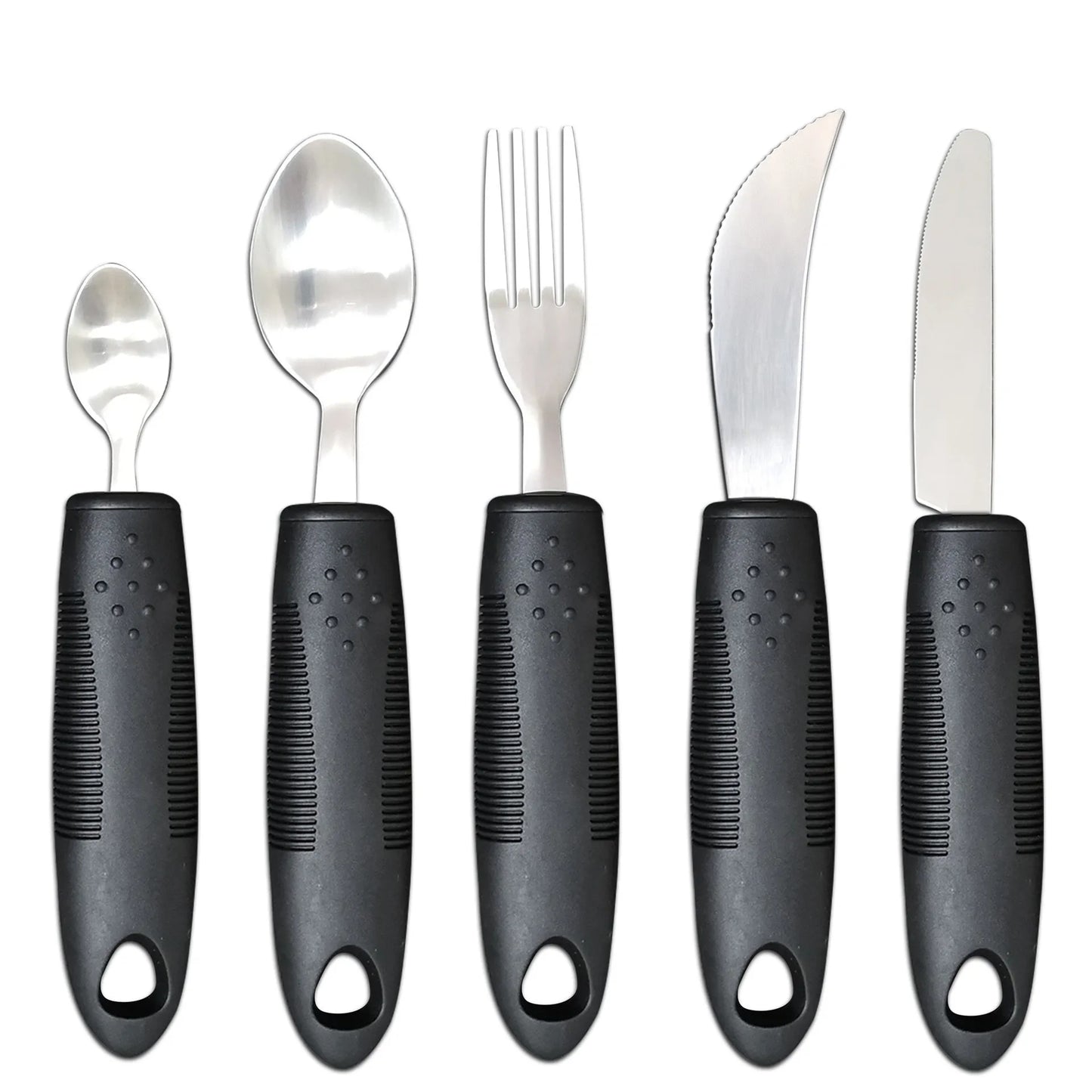 Stainless steel adaptive eating utensils with rubber handles and bendable components for elderly anti-shake support