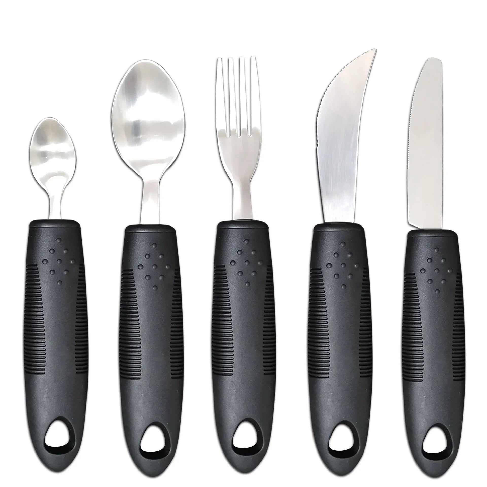 Stainless steel adaptive eating utensils with rubber handles and bendable components for elderly anti-shake support