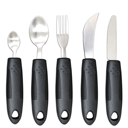 Stainless steel adaptive eating utensils with rubber handles and bendable components for elderly anti-shake support