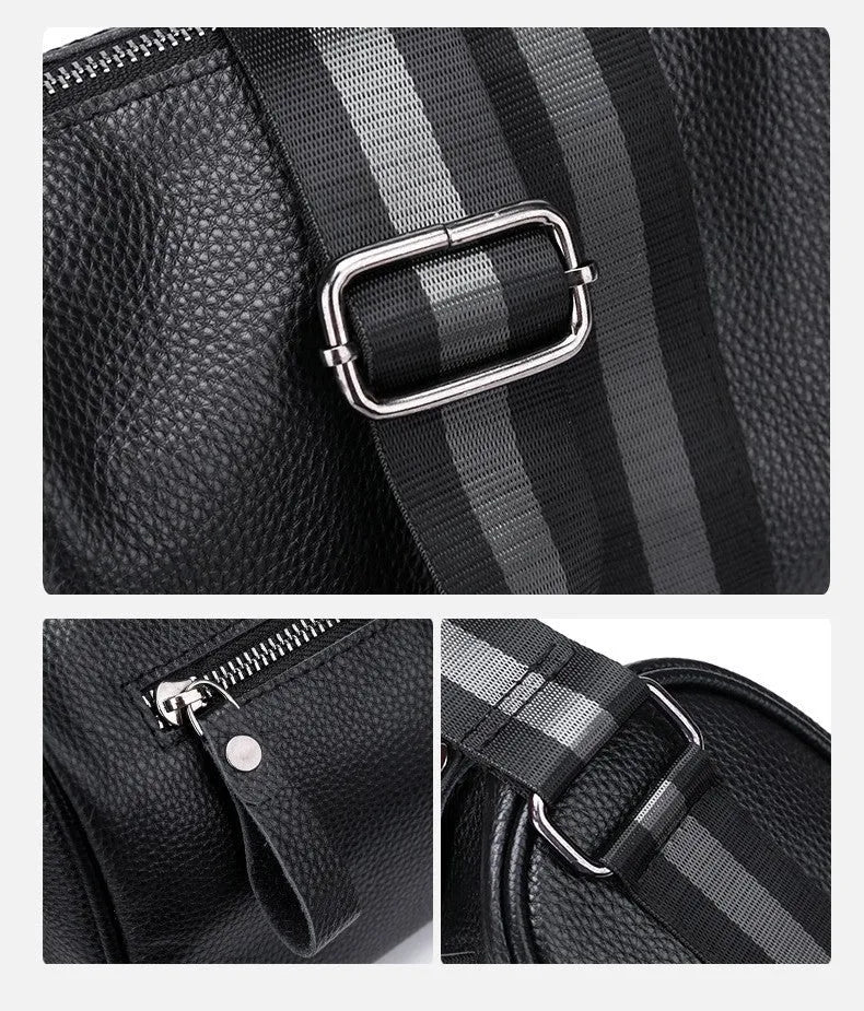 Black genuine leather one-shoulder crossbody bag with dimensions 24cm wide by 16cm high.