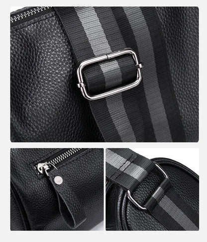Black genuine leather one-shoulder crossbody bag with dimensions 24cm wide by 16cm high.
