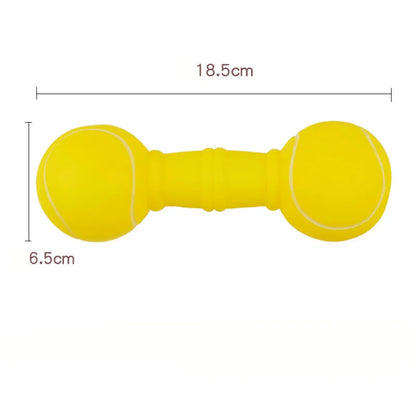 Brown, orange, white, and yellow PVC football dumbbell squeaky dog chew toy.