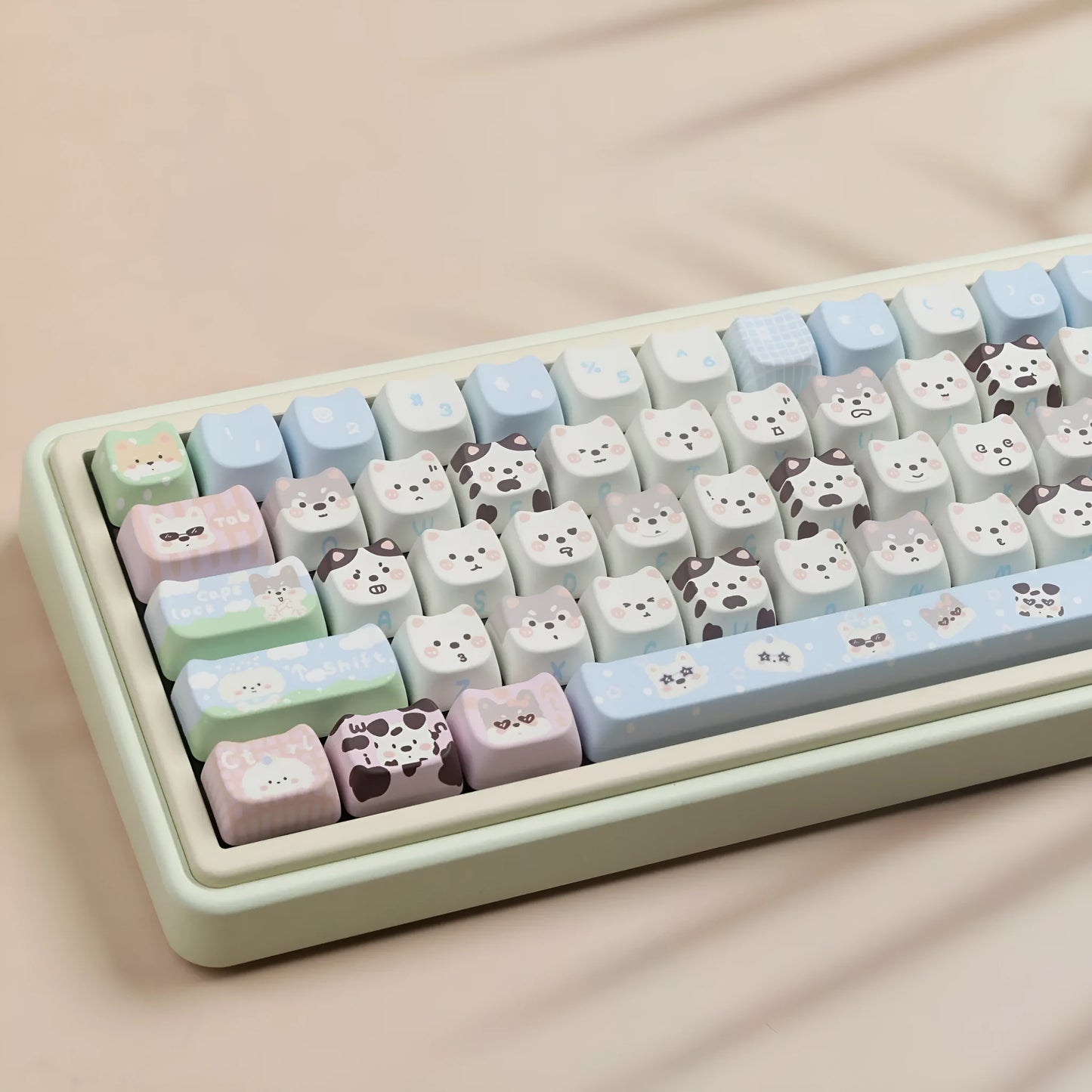 Full set of PBT key caps with sublimated cat and puppy design for mechanical keyboards.