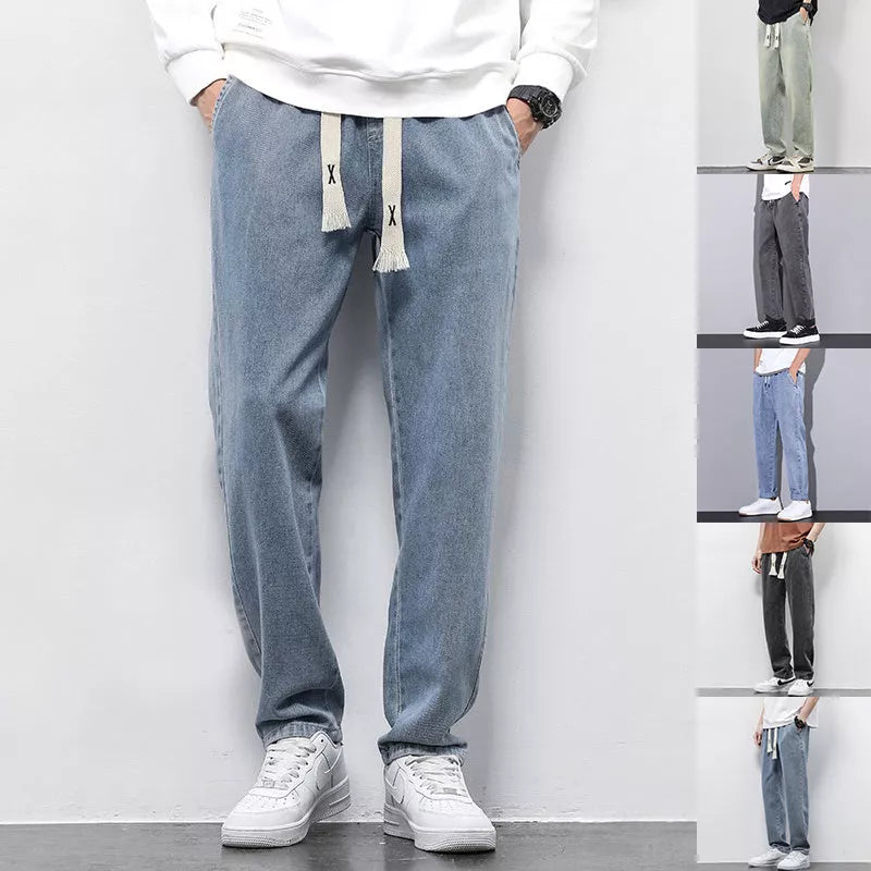 Men's summer loose wide-leg jeans with drawstring elastic waist in various colors