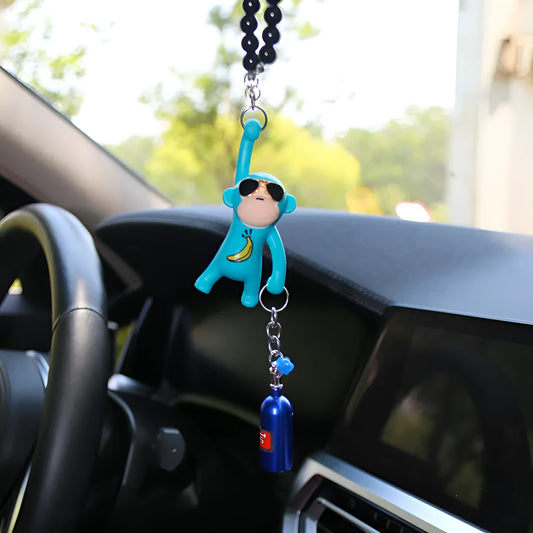 Cartoon sunglasses monkey pendant on a bead necklace for car rearview mirror decoration.