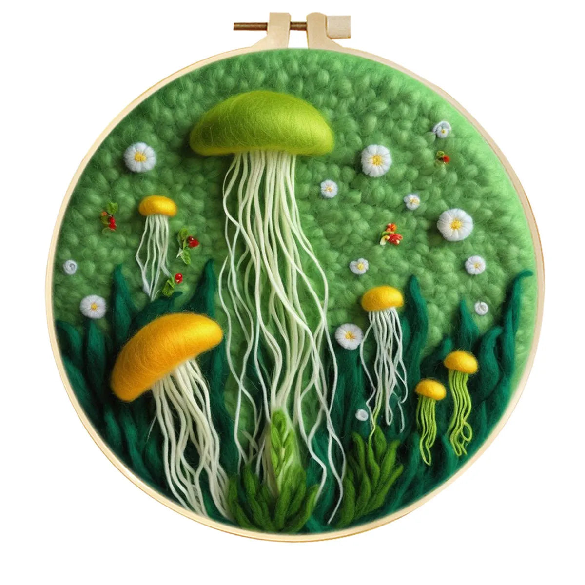 Round fabric embroidery kit with 20x20cm linen frame and wool felt for three-dimensional floral artwork
