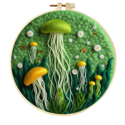 Round fabric embroidery kit with 20x20cm linen frame and wool felt for three-dimensional floral artwork
