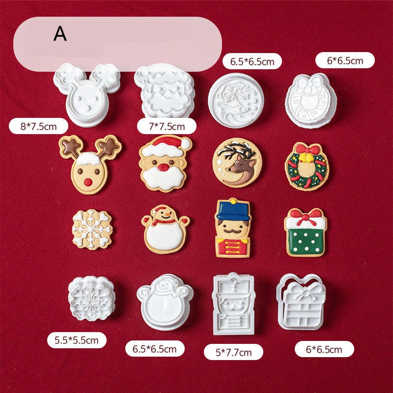 Stainless steel Christmas biscuit mold set featuring various festive shapes for holiday baking