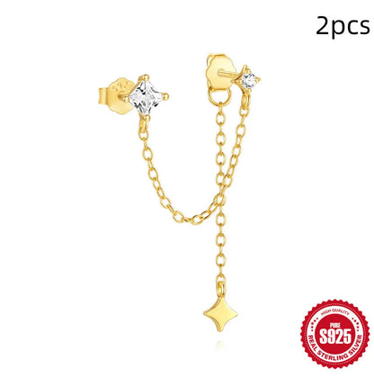 S925 sterling silver zircon stud earrings with a delicate 1.5cm gold-tone chain drop, shown in clover design.