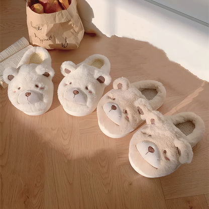 Women's plush suede slippers in cartoon design showing round toe and available colour options