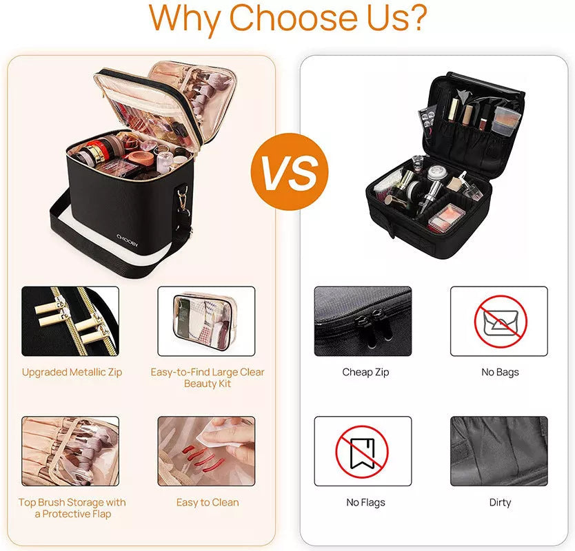 Double layer waterproof cosmetic bag in black with zippered pockets for organized storage