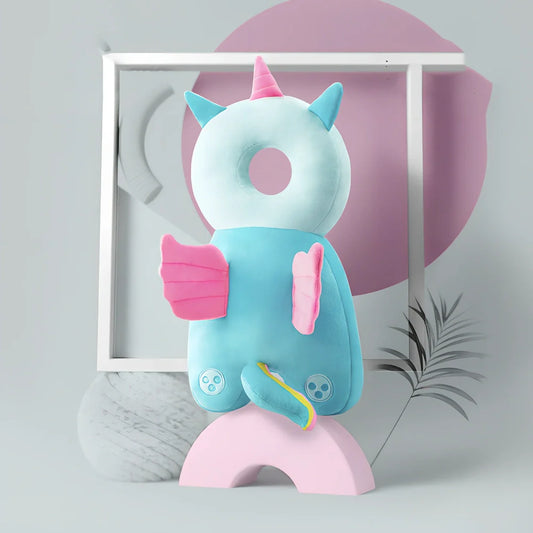 Toddler head protection pad with animal character design showing 33cm by 19cm dimensions