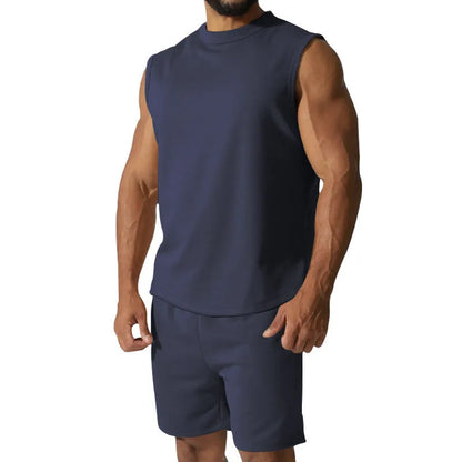 Men's sleeveless cotton blend sports suit set with shorts in multiple solid colour options