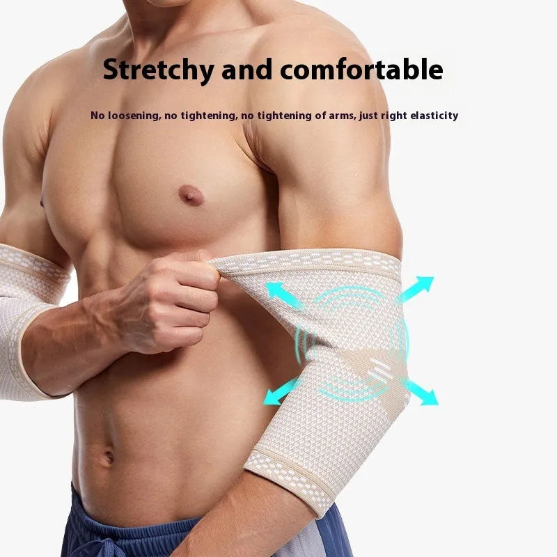 Knitted nylon elbow guard in black blue, black grey or skin colour, sizes S M L XL, single sports elbow pad