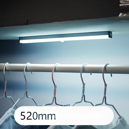 LED sensor light bar showing motion detection range and multiple size options from 9cm to 52cm