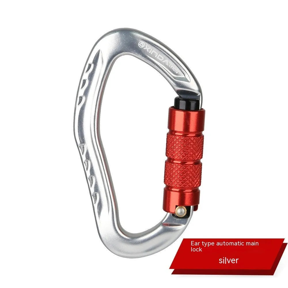 Automatic master lock climbing carabiner in silver, shown with gate open and closed.