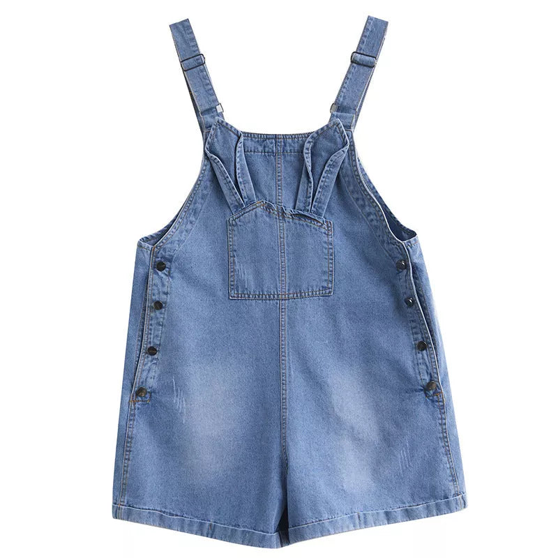 Denim loose straight strap pants with adjustable suspenders in dark blue and light blue